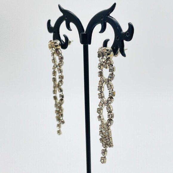 Vintage Triple Rhinestone Circle Earrings Silver Tone Glam Bling Sparkle Holiday - Picture 5 of 8